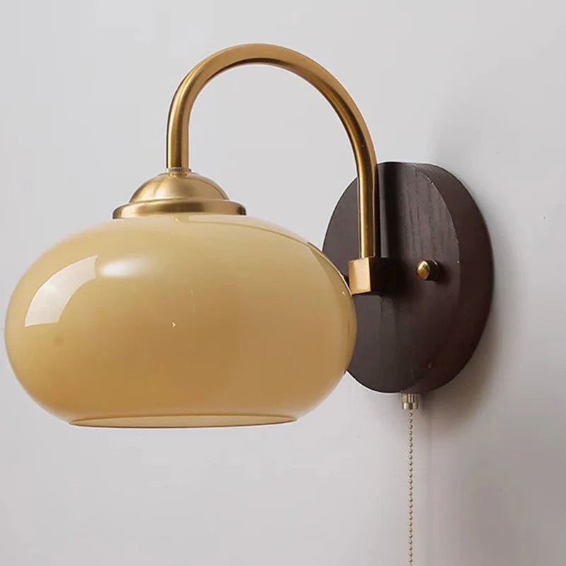 Ash Wood Wall Sconce, Caramel Glass Globe Shade, Mid-Century Style