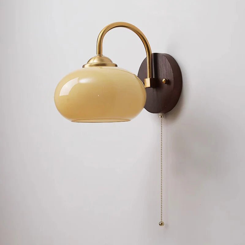 Ash Wood Wall Sconce, Caramel Glass Globe Shade, Mid-Century Style