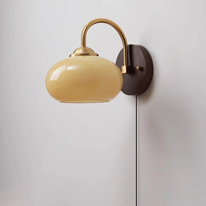 Ash Wood Wall Sconce, Caramel Glass Globe Shade, Mid-Century Style