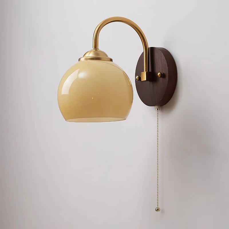 Ash Wood Wall Sconce, Caramel Glass Globe Shade, Mid-Century Style