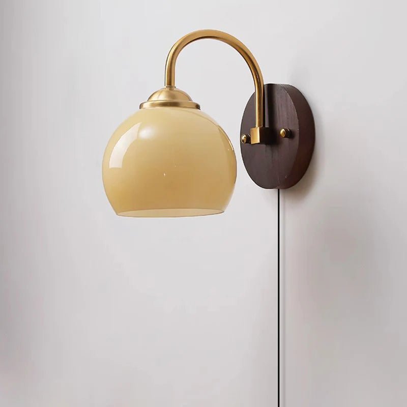 Ash Wood Wall Sconce, Caramel Glass Globe Shade, Mid-Century Style