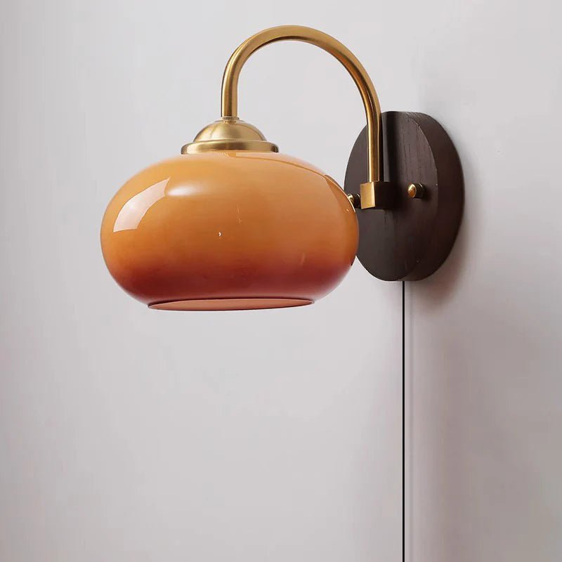 Ash Wood Wall Sconce, Caramel Glass Globe Shade, Mid-Century Style