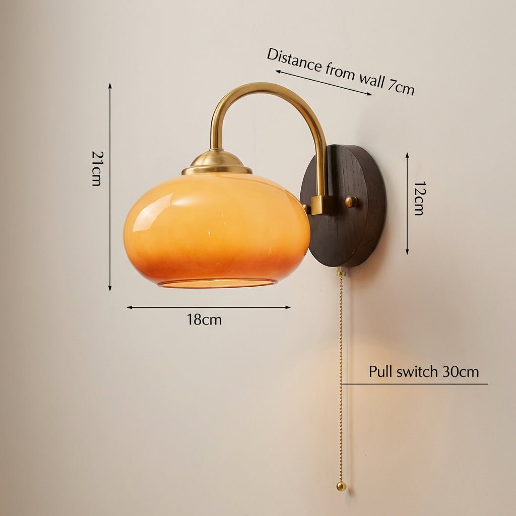 Ash Wood Wall Sconce, Caramel Glass Globe Shade, Mid-Century Style