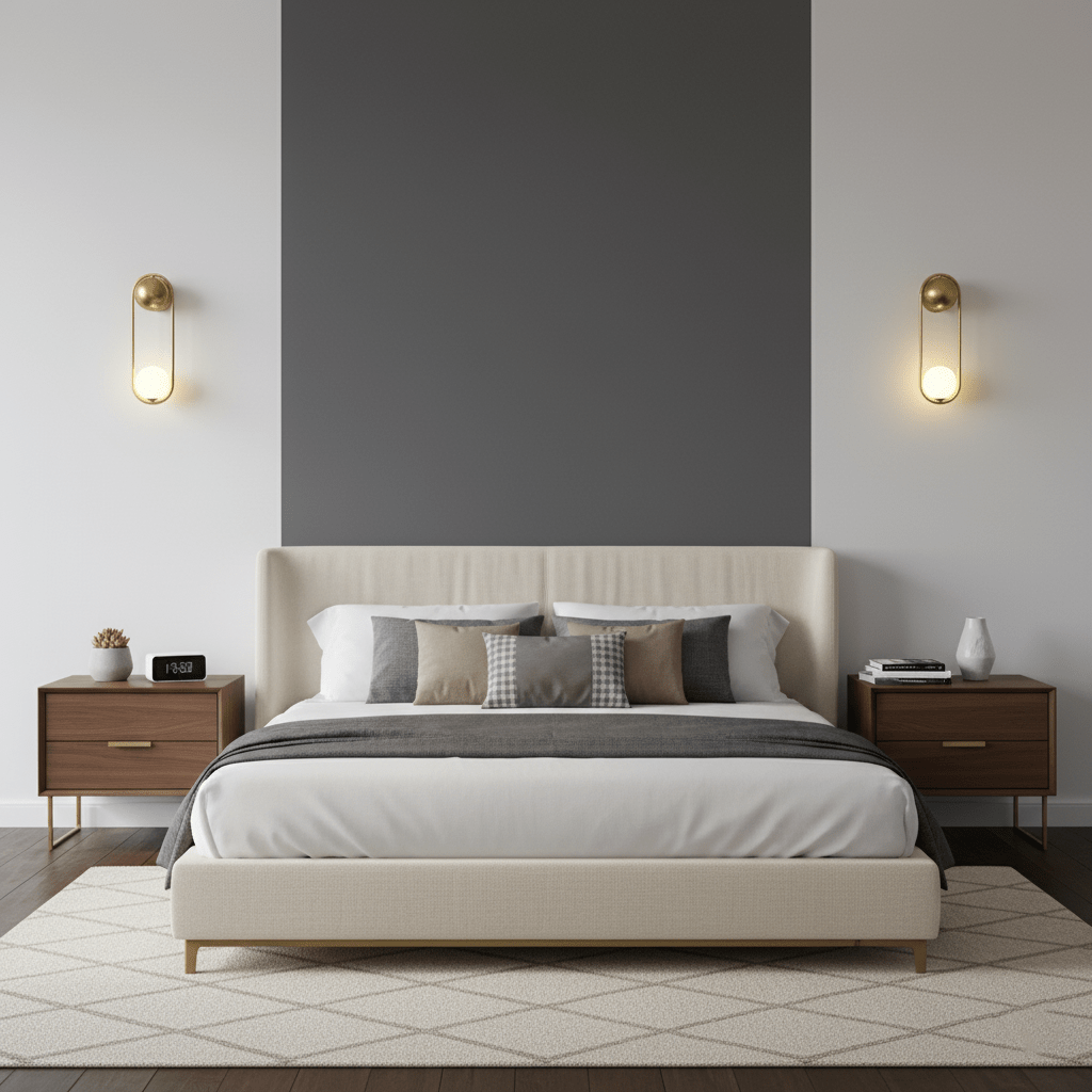 A pair of brass Clérachic wall lights flanks an upholstered bed against a charcoal accent wall.
