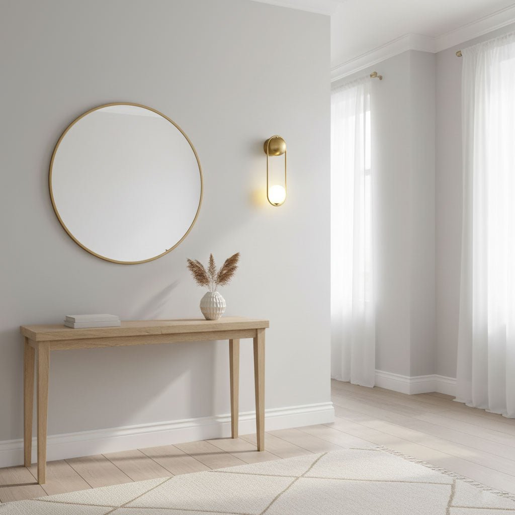 Beside a round mirror and a light-wood console with dried pampas grass, this brass Clérachic wall light glows softly.