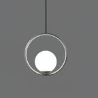 Brass and white glass pendant light suspended overhead