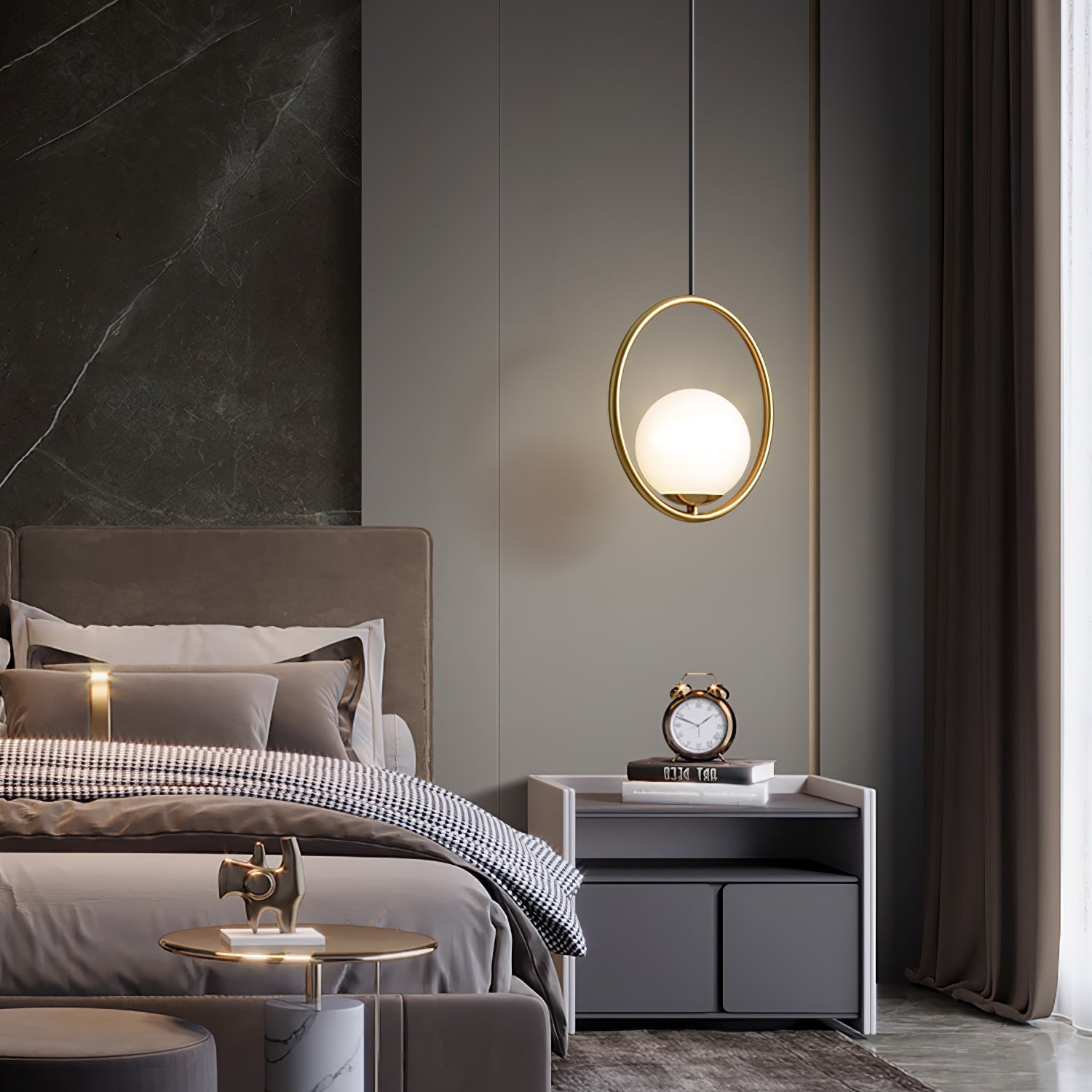 White glass pendant light suspended in a styled setting
