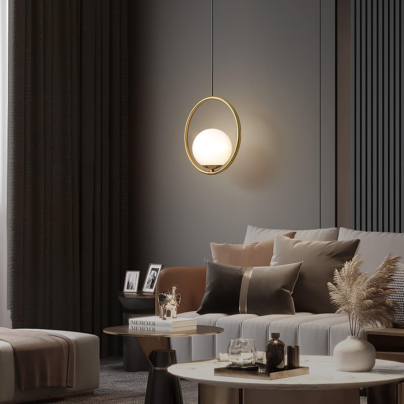 Brass and white glass pendant light detail of the arm