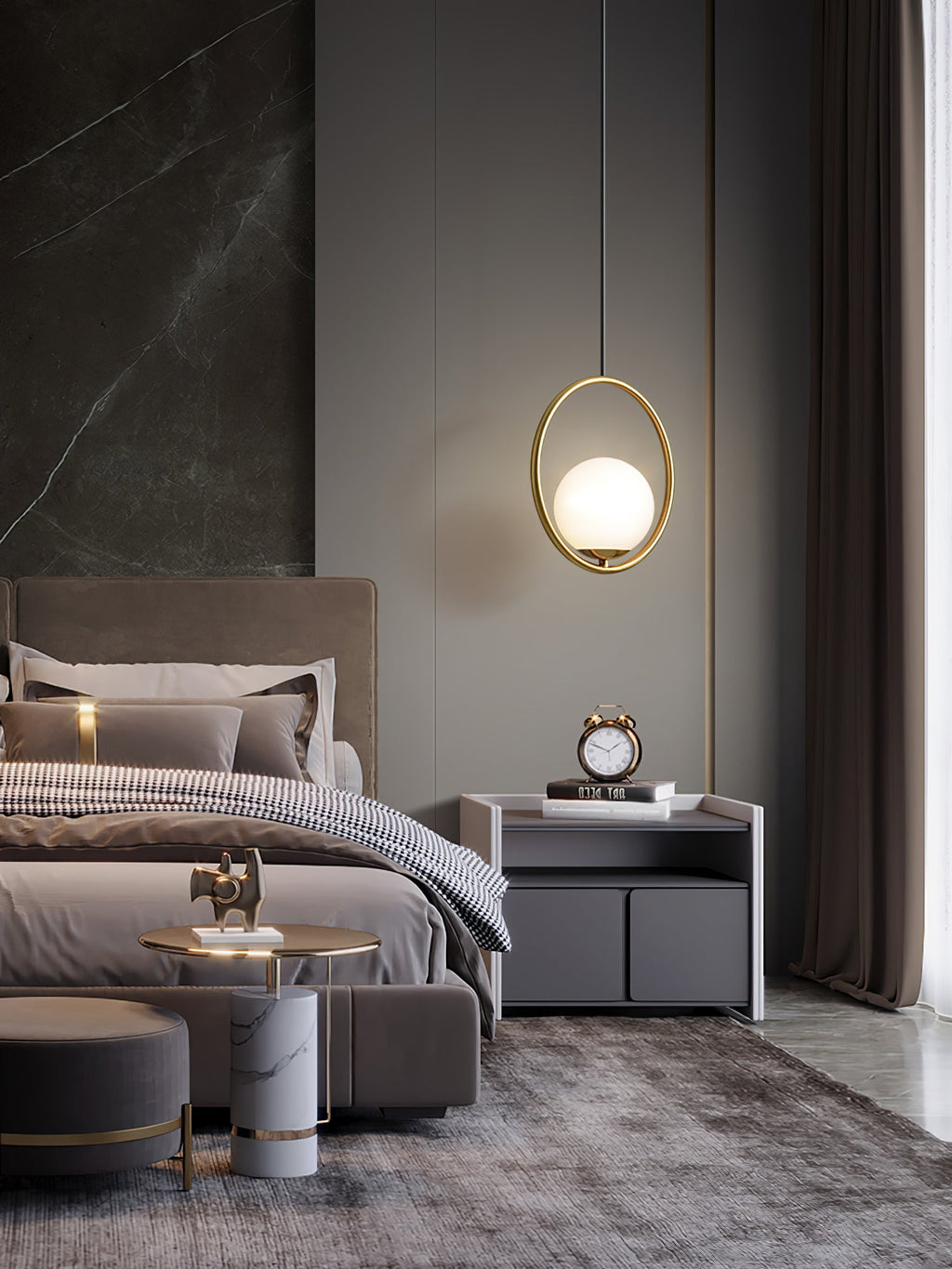 Mila Pendant Light, White Glass Globe, Brass, Black or Silver, E27