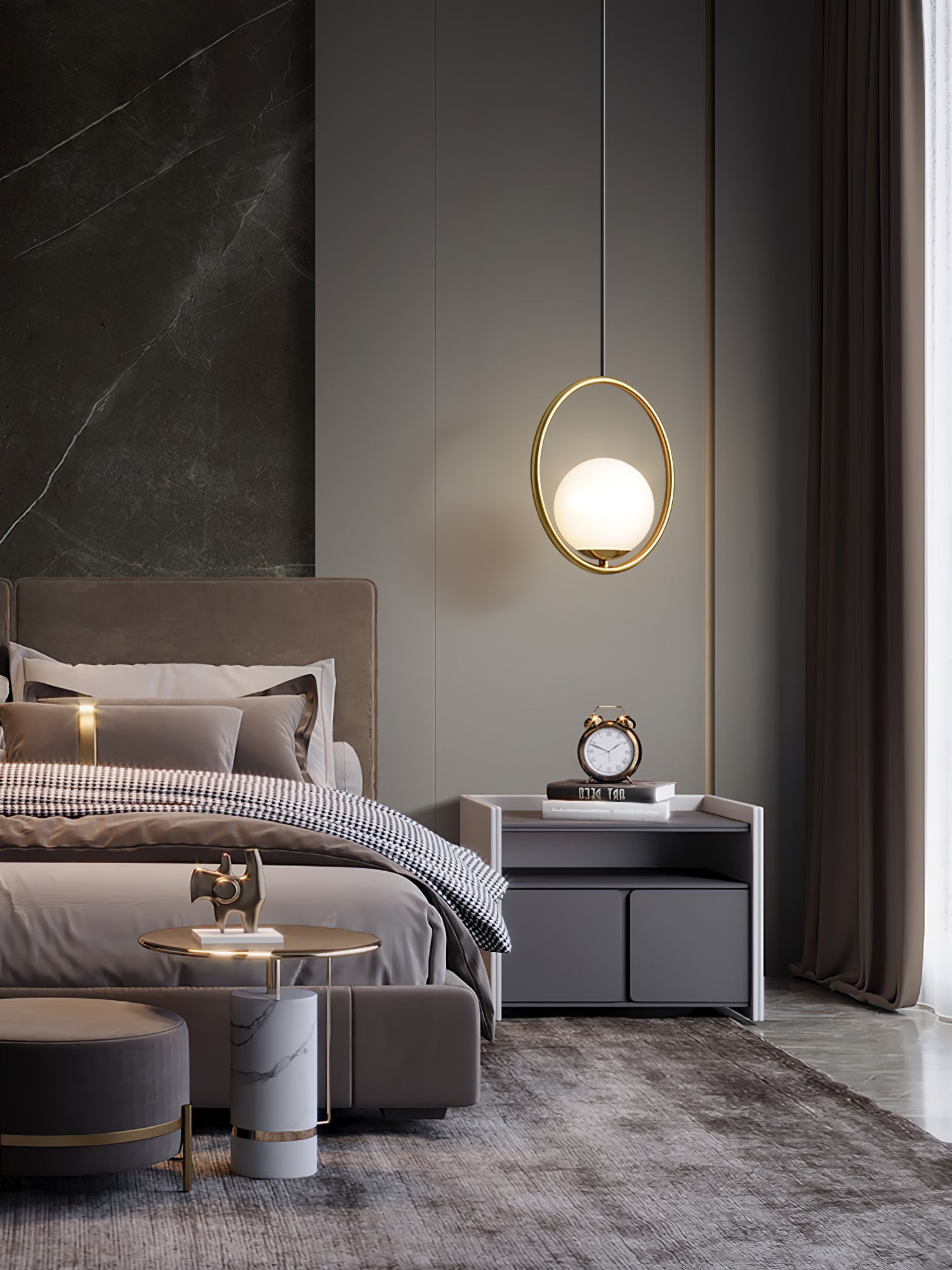 Mila Pendant Light, White Glass Globe, Brass, Black or Silver, E27