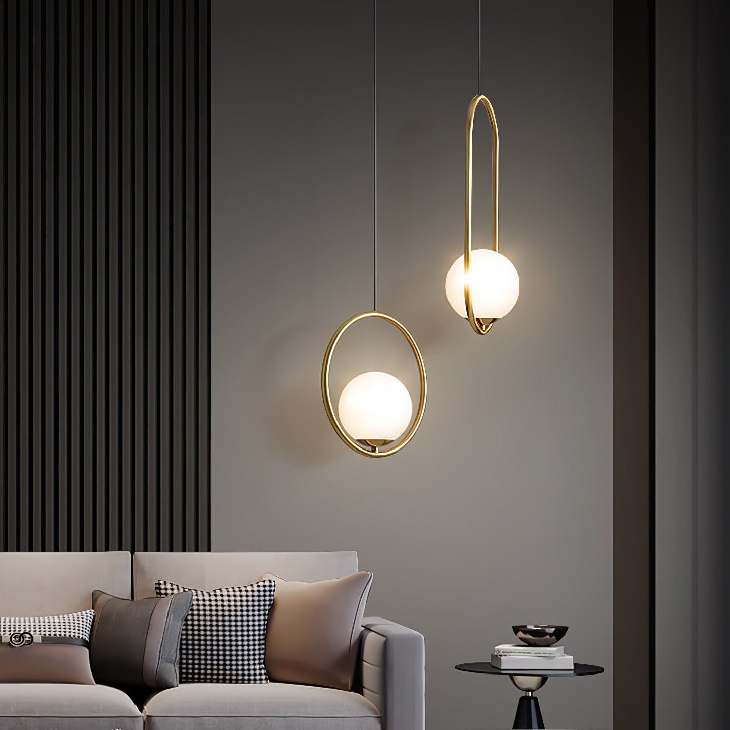 Glass ball pendant light glowing against a dark backdrop