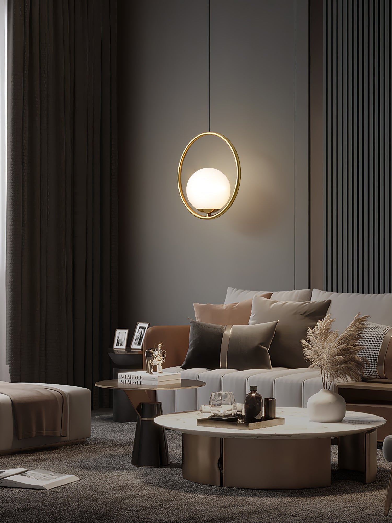 Mila Pendant Light, White Glass Globe, Brass, Black or Silver, E27