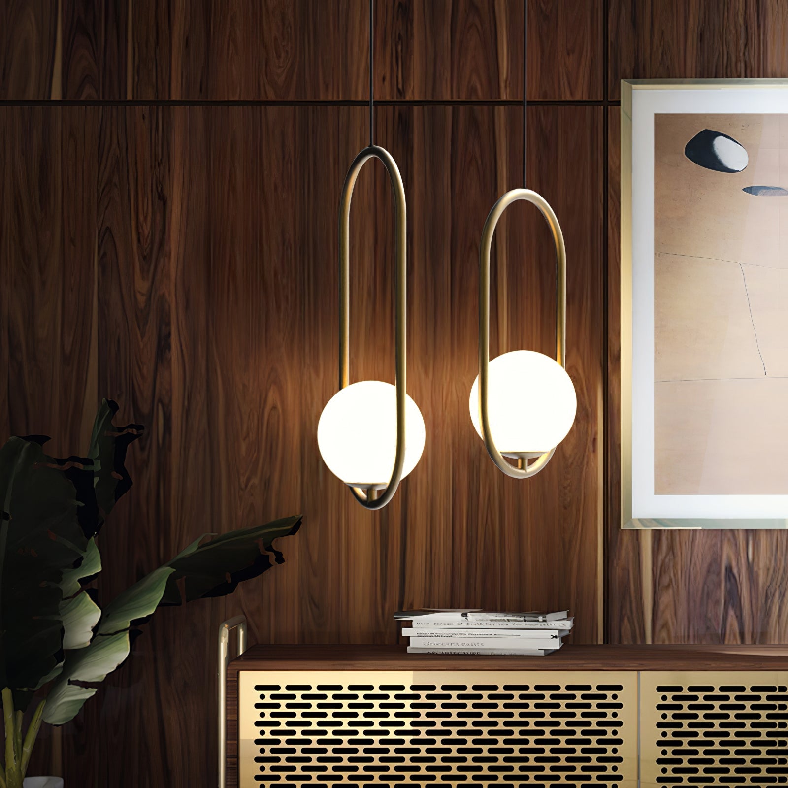 White glass globe pendant light shown above a table