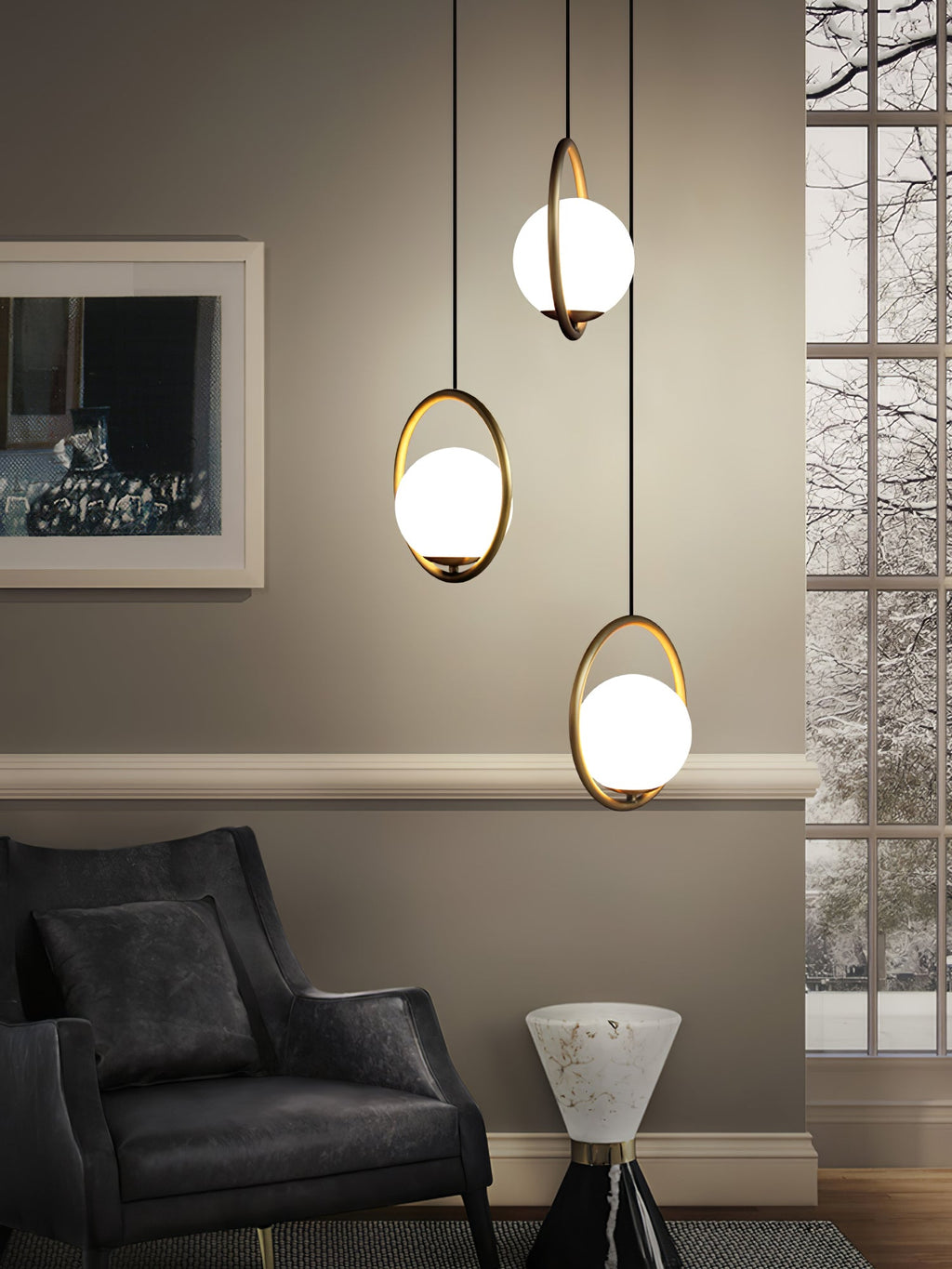 Mila Pendant Light, White Glass Globe, Brass, Black or Silver, E27