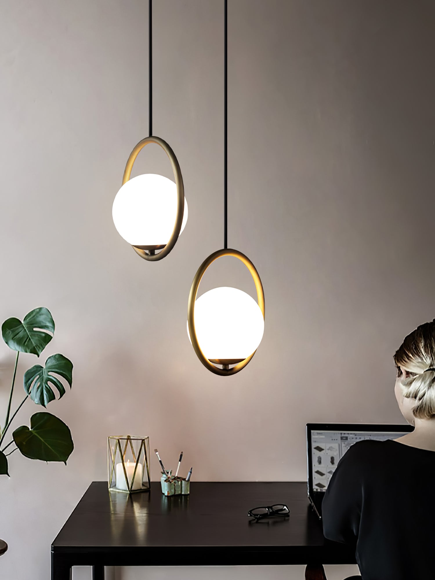 Mila Pendant Light, White Glass Globe, Brass, Black or Silver, E27