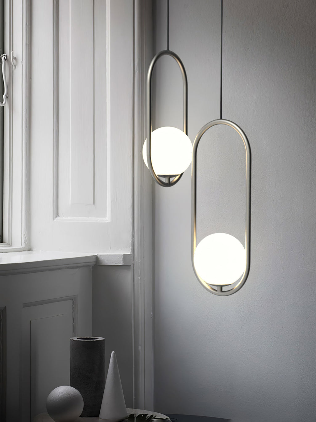 Mila Pendant Light, White Glass Globe, Brass, Black or Silver, E27