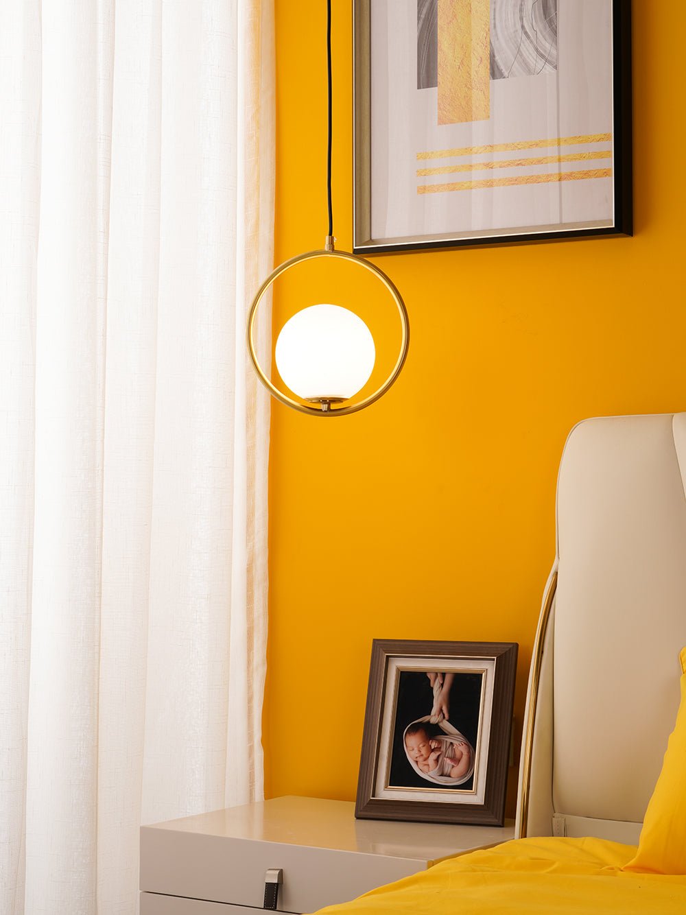 Mila Pendant Light, White Glass Globe, Brass, Black or Silver, E27