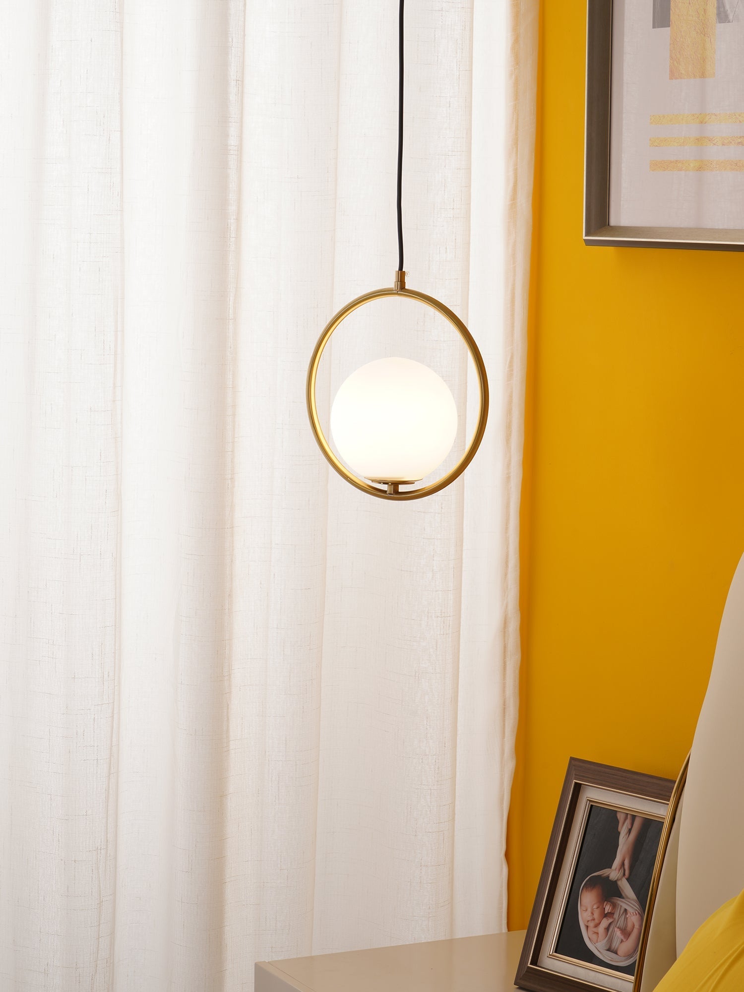 Mila Pendant Light, White Glass Globe, Brass, Black or Silver, E27