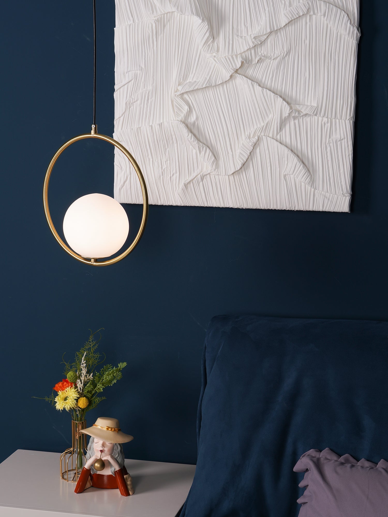Mila Pendant Light, White Glass Globe, Brass, Black or Silver, E27