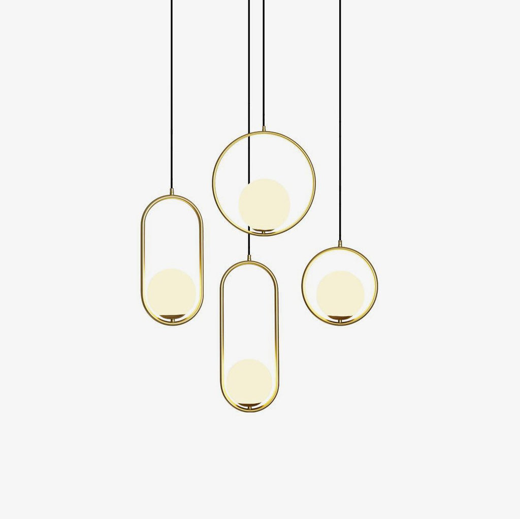 White glass globe pendant light glowing in a living room
