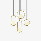 White glass globe pendant light glowing in a living room
