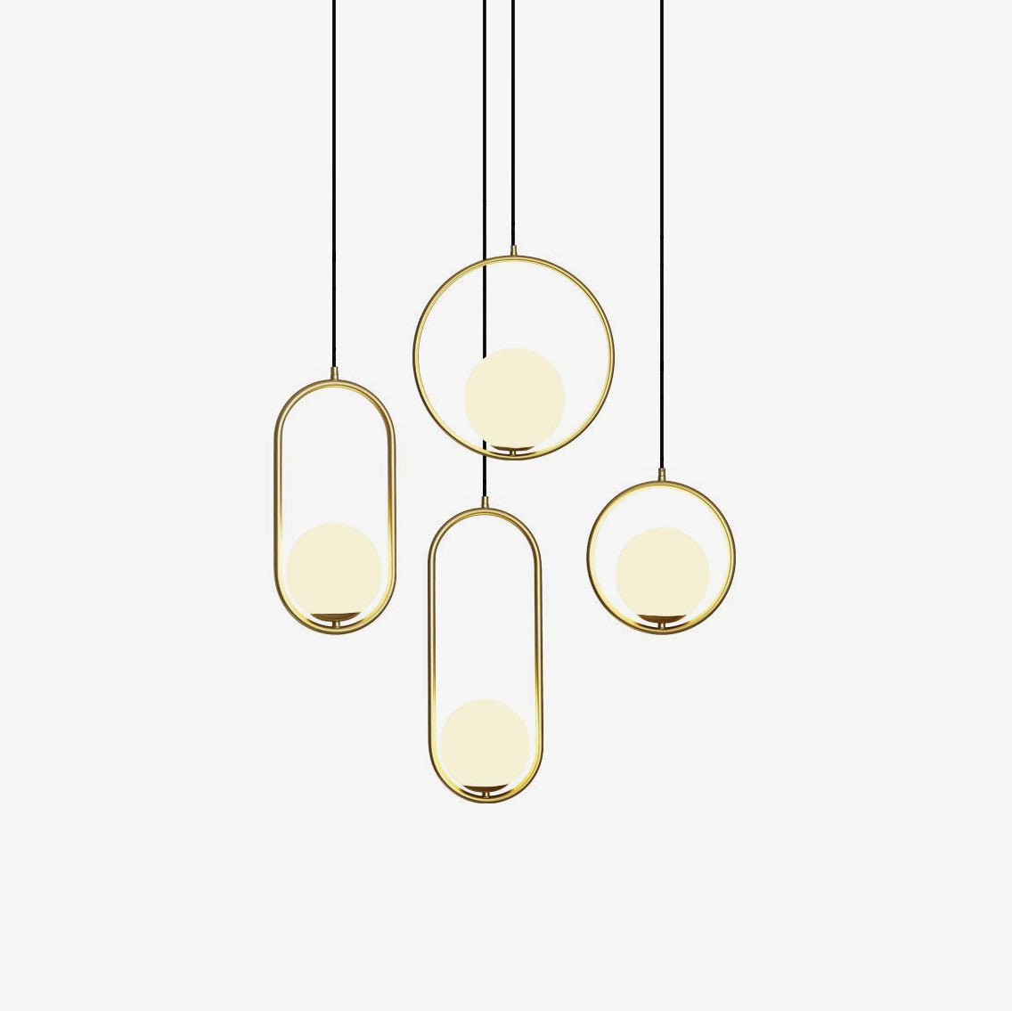 White glass globe pendant light glowing in a living room