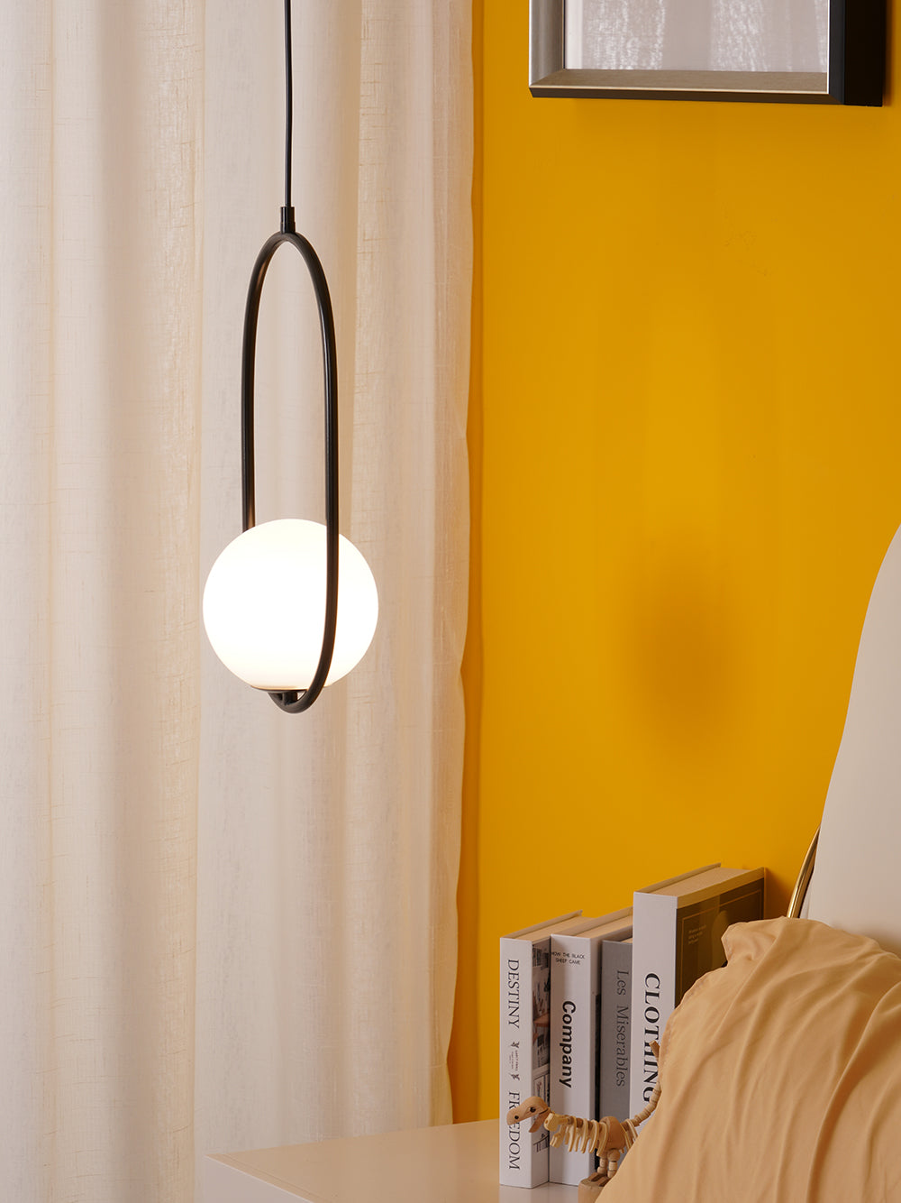 Mila Pendant Light, White Glass Globe, Brass, Black or Silver, E27