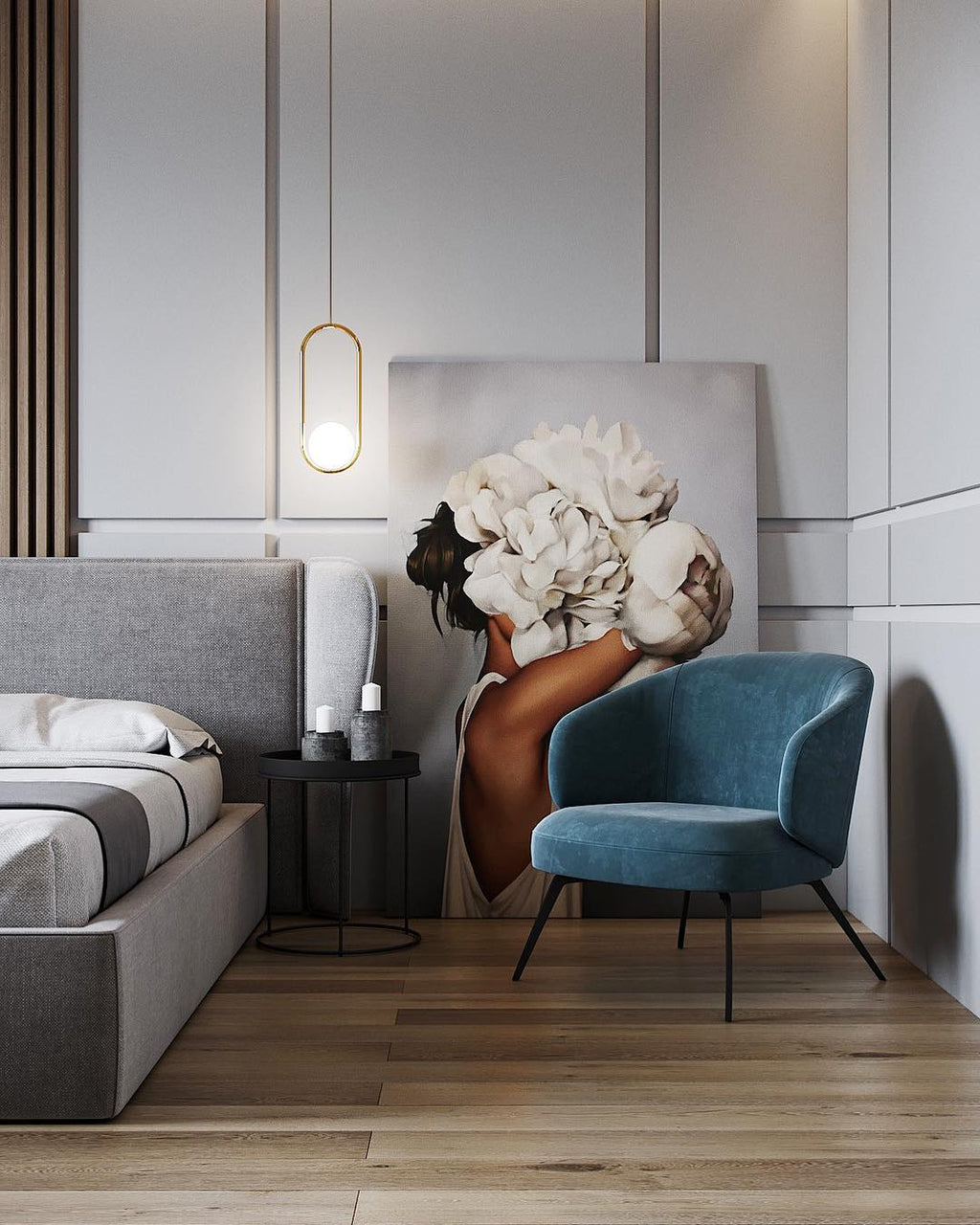 White glass globe pendant light glowing in a warm room
