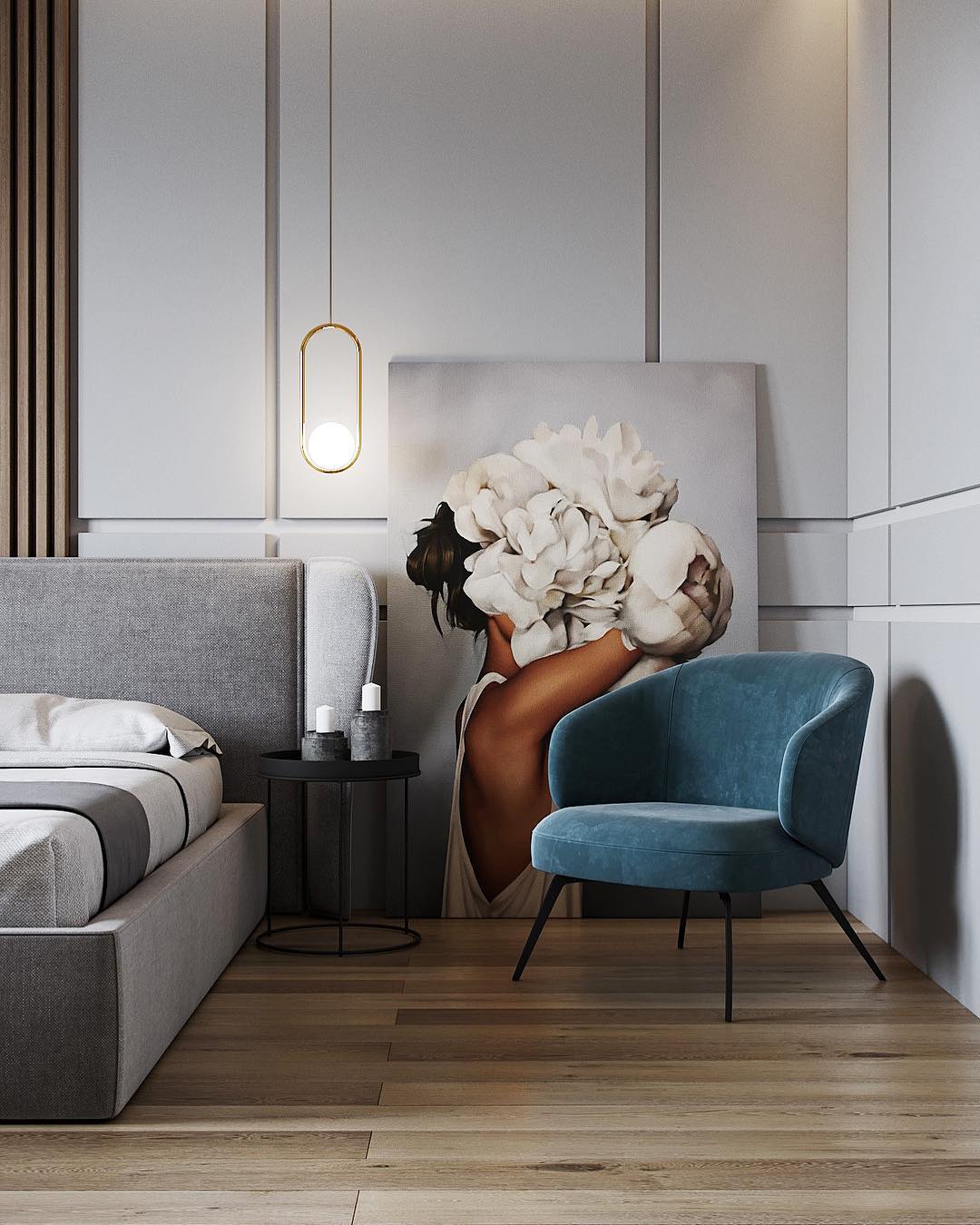 White glass globe pendant light glowing in a warm room