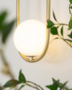 Extreme close-up of the glowing opal glass globe on this Clérachic wall light, framed by green leaves.