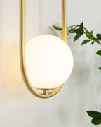Close view of the glass globe and brass loop on this Clérachic wall light, with green leaves crossing the frame.