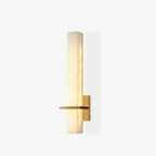 Product shot of the alabaster wall light on off-white, brass mount right and arm crossing left