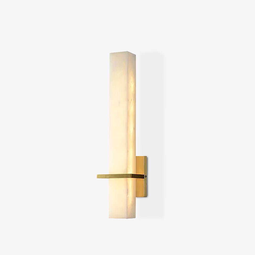 Product shot of the alabaster wall light on off-white, brass mount right and arm crossing left