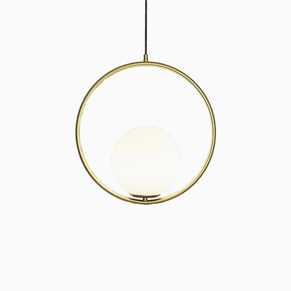 White glass globe pendant light with slim brass arm