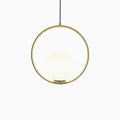 White glass globe pendant light with slim brass arm
