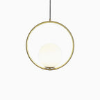 White glass globe pendant light with slim brass arm