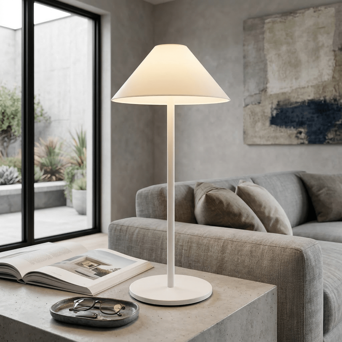 Metalbaseret skrivebordslampe, genopladelig trefarvet LED, varm glød, 15 tommer høj