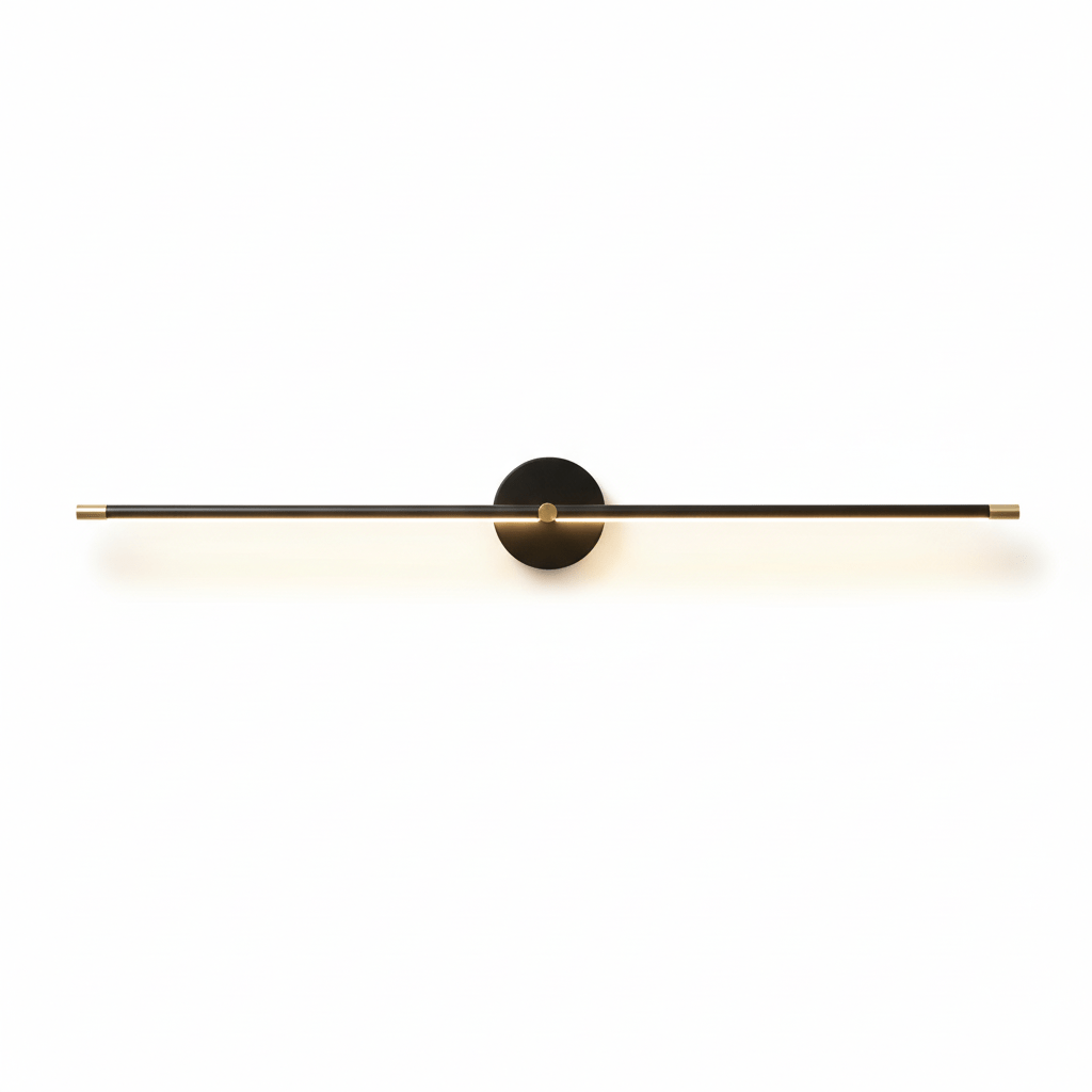Slim linear LED wall lamp glowing above a vanity mirror