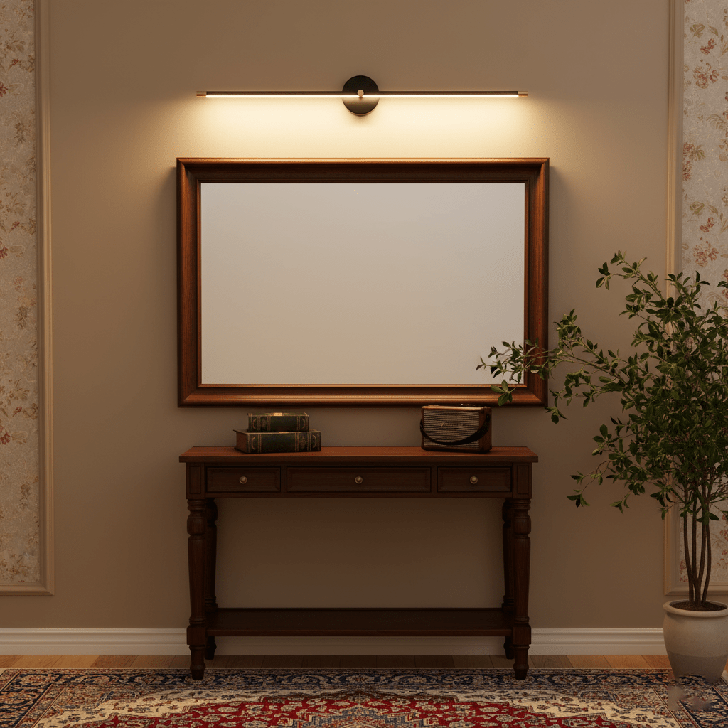 Slim wall lamp bar shown lit in warm white tone