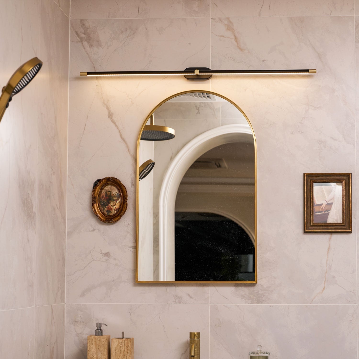 Linear LED wall lamp with warm glow in a furnished interior