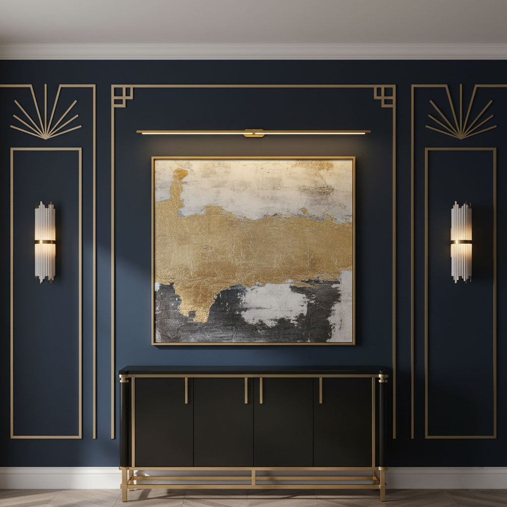 Linear wall lamp casting even illumination across a vanity area
