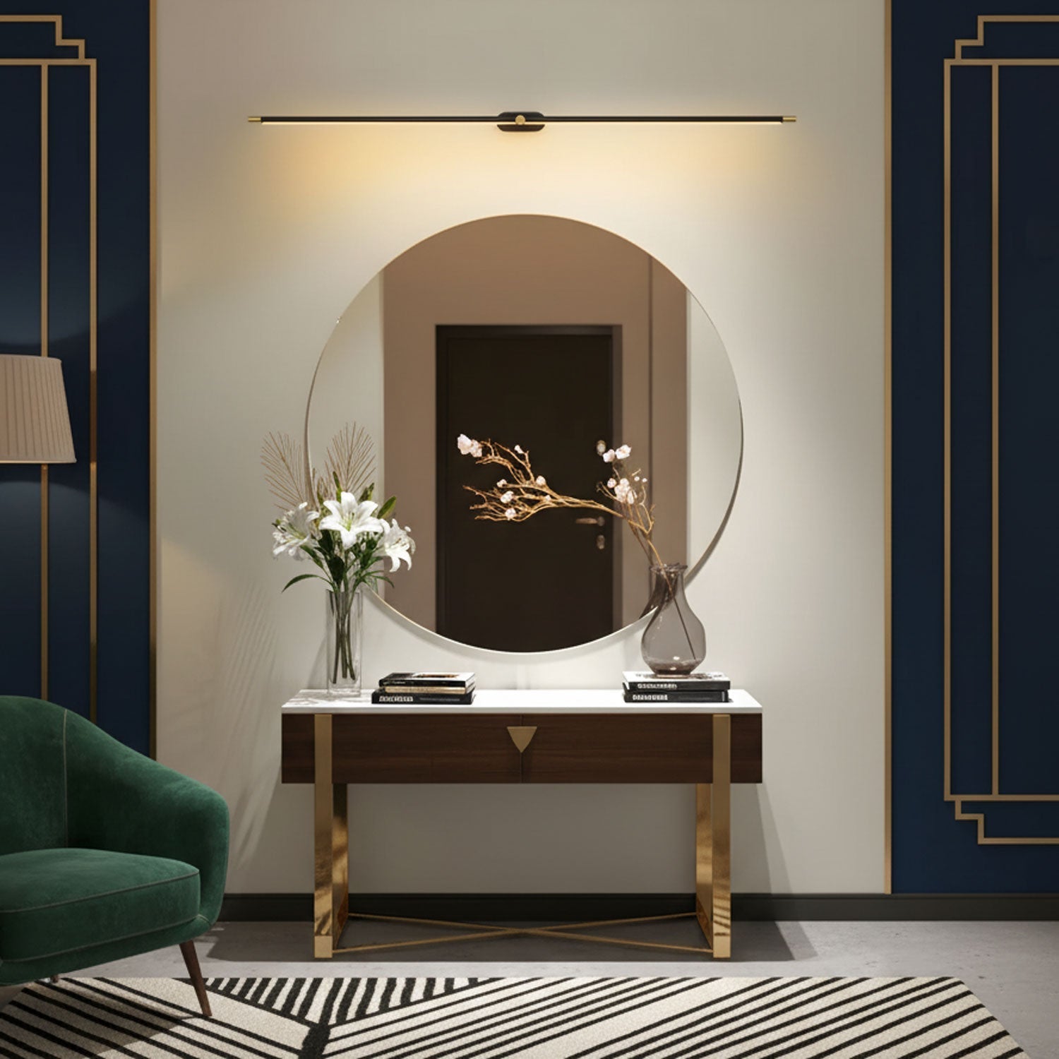 Linear wall lamp shown mounted along the top of a mirror
