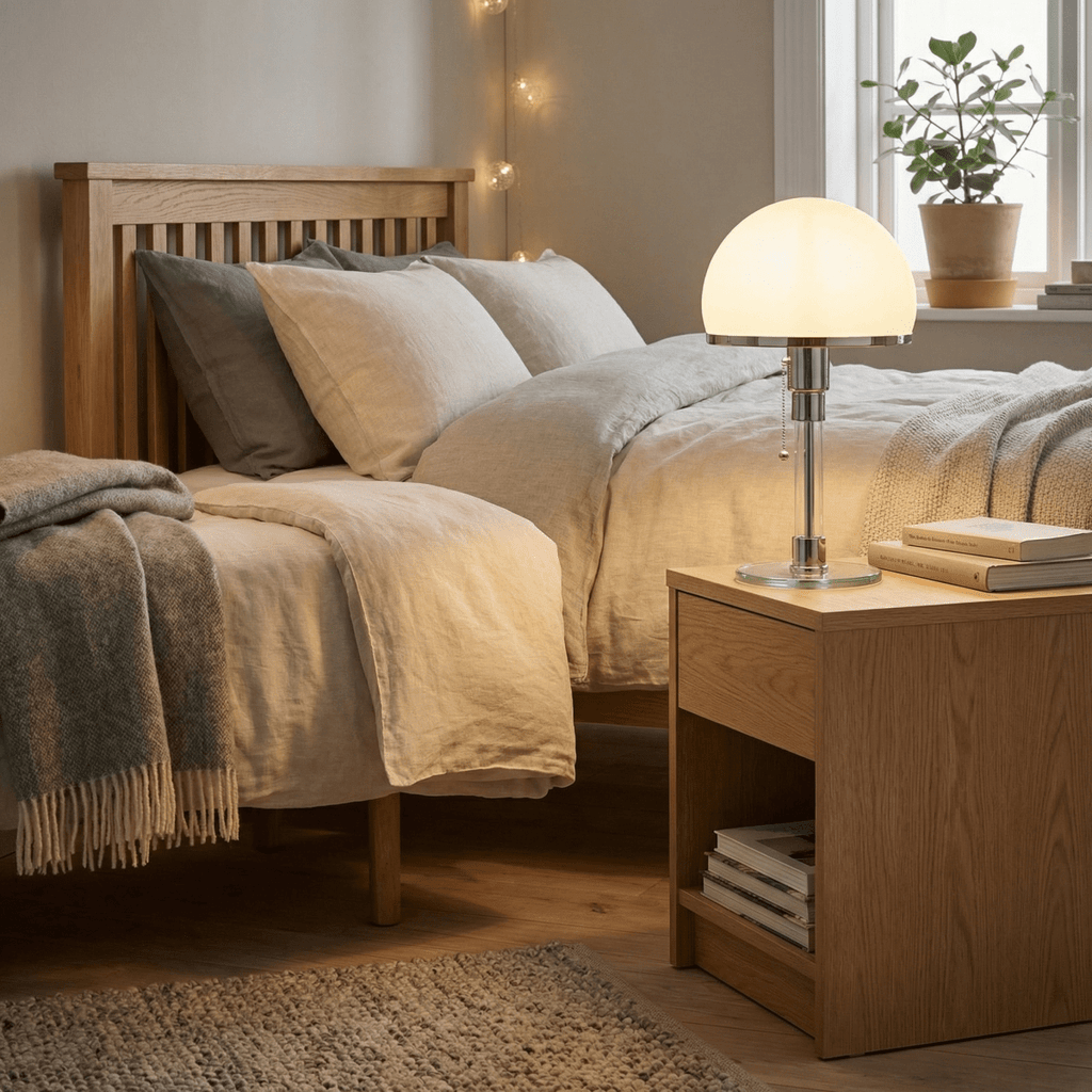 Table Lamp, Nordic Bauhaus Style, Fabric Shade & Metal Base