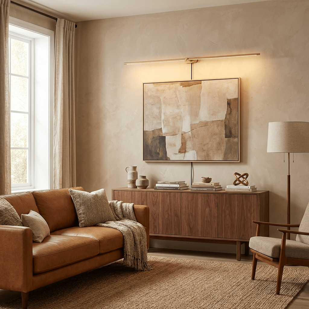 Slim LED bar lamp casting warm light on a wall