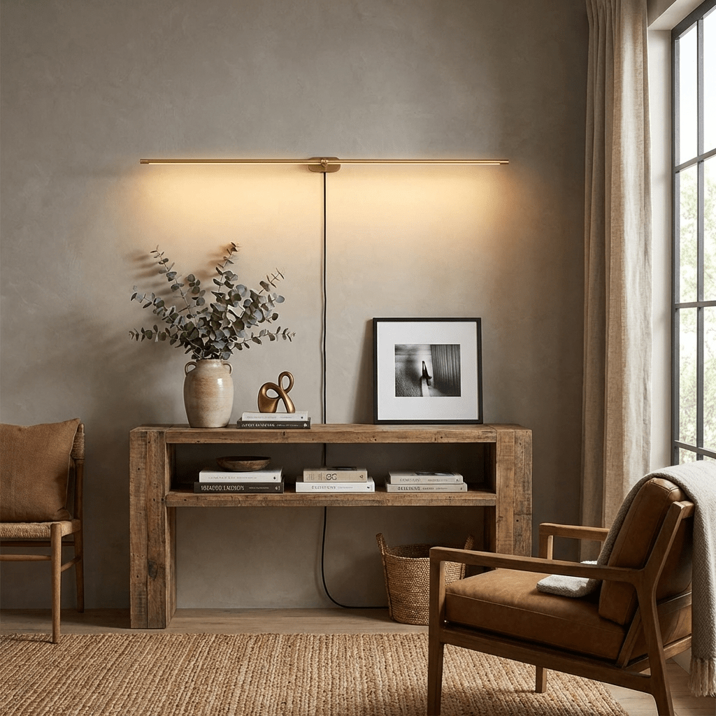 Linear wall lamp lighting a framed artwork on a wall