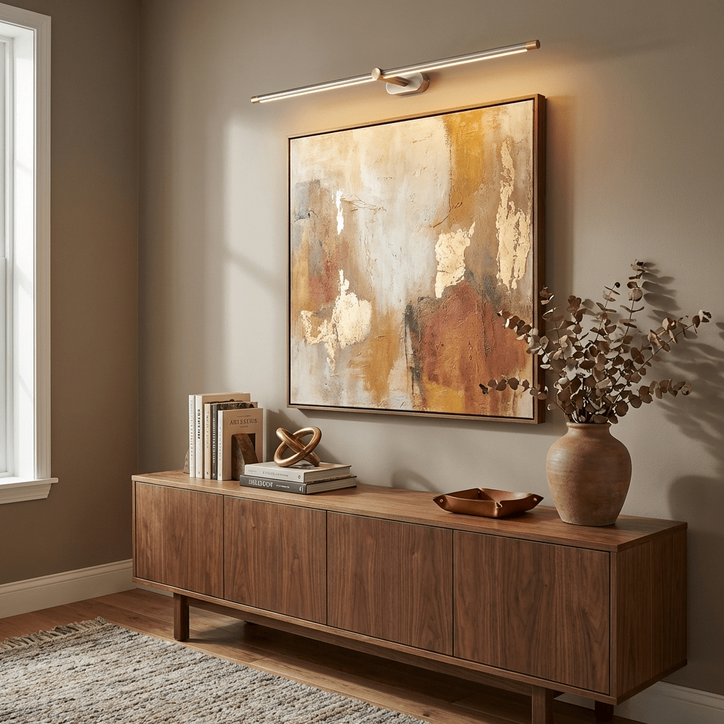 Linear wall lamp shown with its slim bar fully illuminated