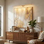 Slim linear wall lamp with warm glow, product detail shot