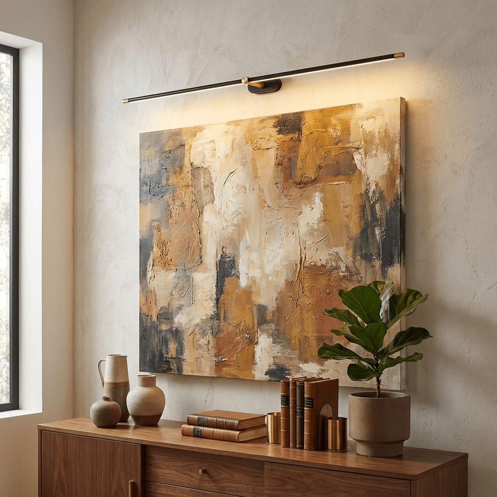 Minimalist linear wall lamp in gold finish on white background