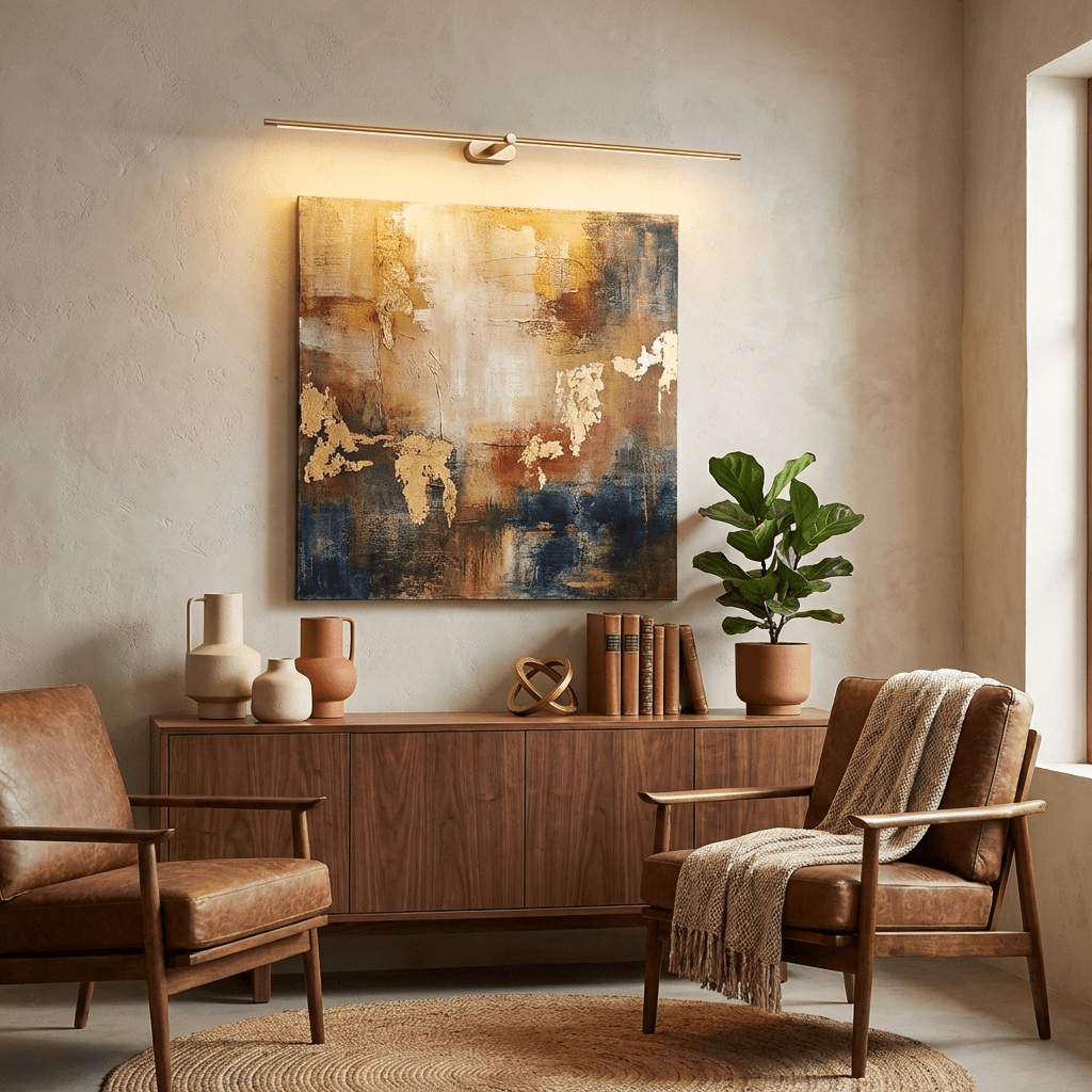 Linear wall lamp lit above a framed picture on a pale wall