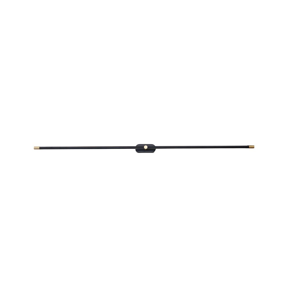 Slim black linear LED wall lamp with brass end caps and a brass pivot knob, shown unlit head-on.